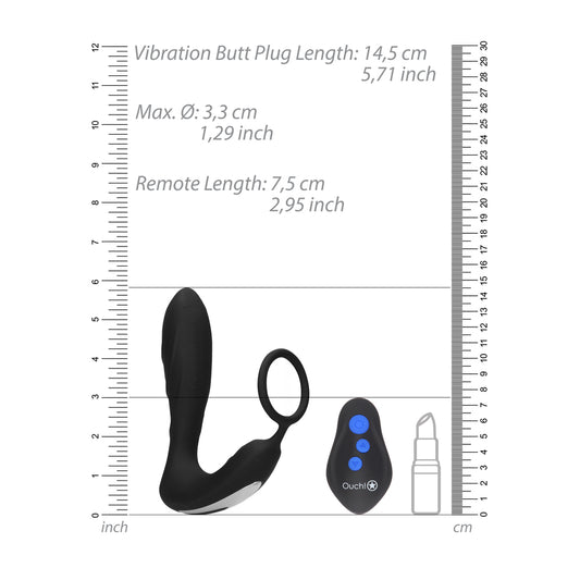 Ouch E Stimulation And Vibration Butt Plug And Cock Ring 5.7" Black - Remote USB Prostate Shocking