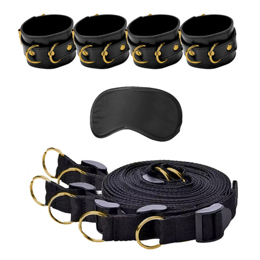 Ouch Bed Bindings Restraint System Black - 4 Cuffs Neoprene Satin Mask Devotion