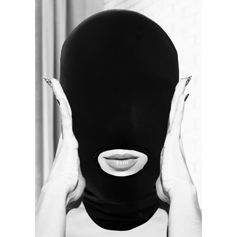 Ouch Submission Mask with Open Mouth Black - Stretchy Spandex Hood Devotion