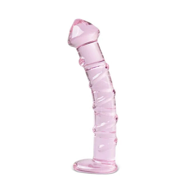 Textured Pink Glass Dildo 6.1" - Temperature Play Velvet Pouch