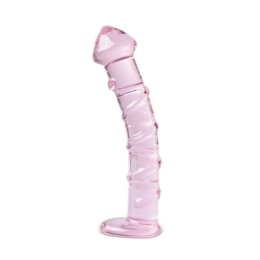Textured Pink Glass Dildo 6.1" - Temperature Play Velvet Pouch