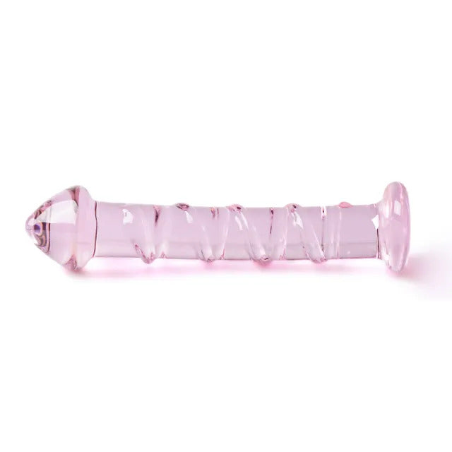 Textured Pink Glass Dildo 6.1" - Temperature Play Velvet Pouch