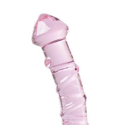 Textured Pink Glass Dildo 6.1" - Temperature Play Velvet Pouch