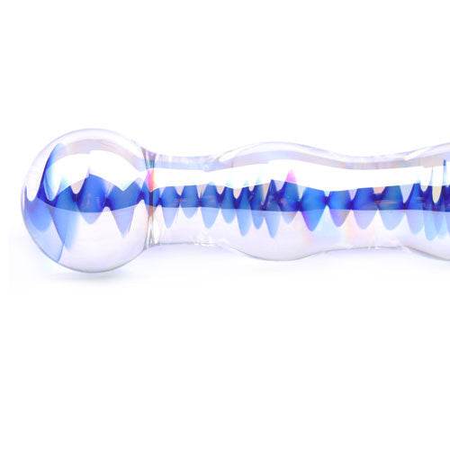 Blue Wavy Glass Dildo 7" - Temperature Play Velvet Pouch Pattern