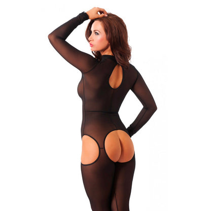 Black Open Crotch and Hip Catsuit with Keyhole Back - Sensual Devotion
