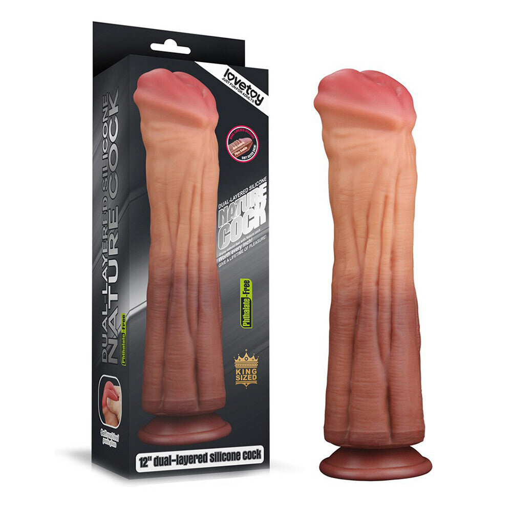 Lovetoy 12 Inch Dual Layered Silicone Horse Cock Flesh Pink - King-Sized Suction Base Veined Platinum