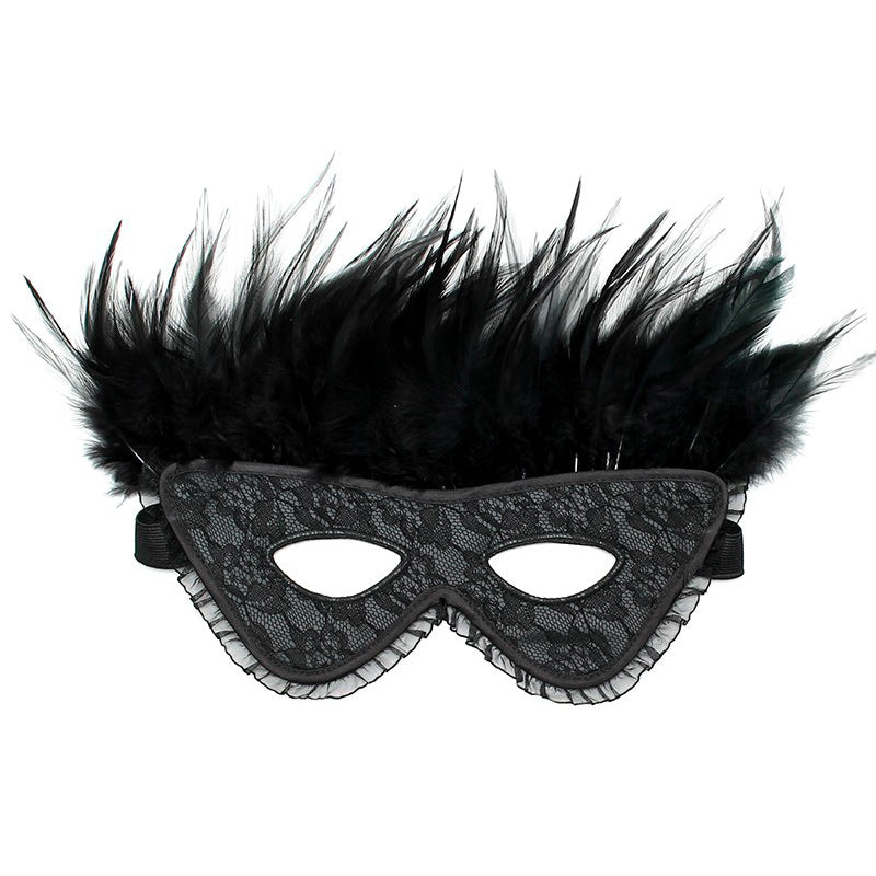 Satin Look Feather Mask - Black Lace Crown Devotion