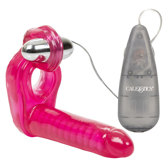 Ultimate Triple Stimulator Vibrating Cock Ring With Dong 6" Pink - DP Multi-Speed Bullet 2 x AA