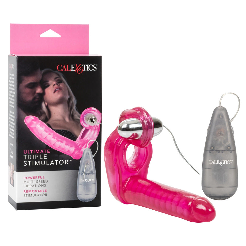 Ultimate Triple Stimulator Vibrating Cock Ring With Dong 6" Pink - DP Multi-Speed Bullet 2 x AA