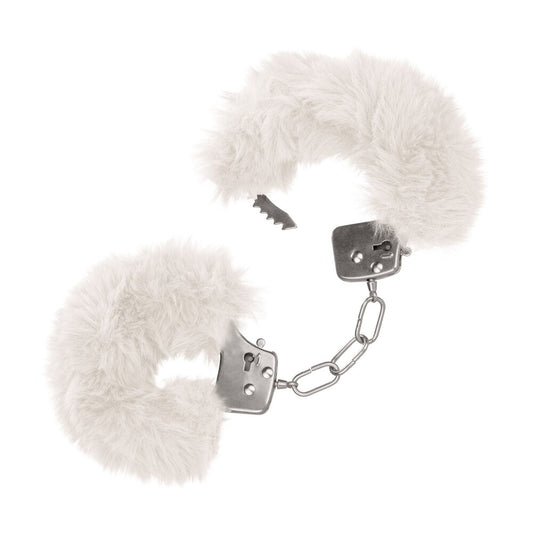 Ultra Fluffy Furry Cuffs White - Faux Fur Metal Lockable 2 Keys Safety Release