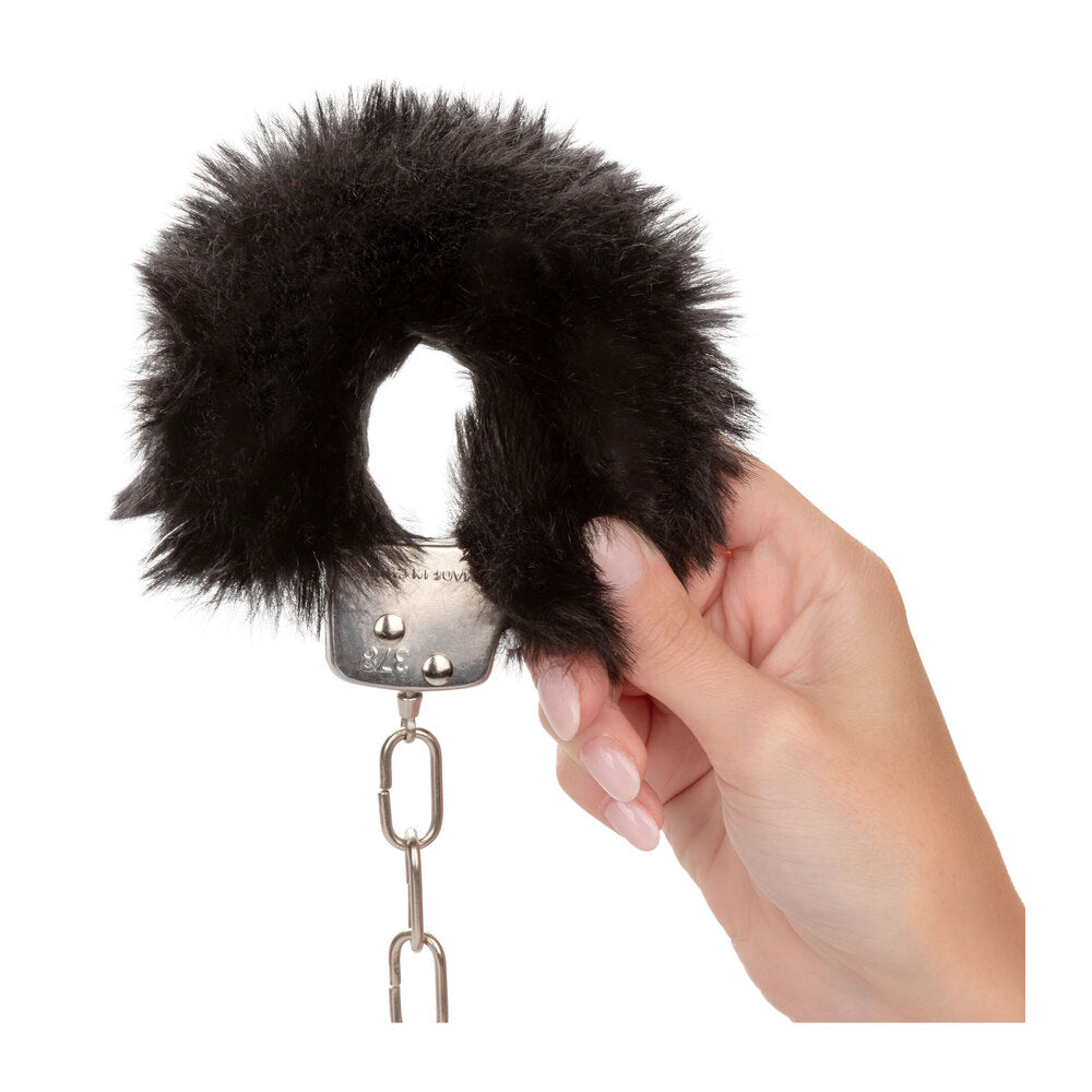 Ultra Fluffy Furry Cuffs Black - Faux Fur Metal Lockable 2 Keys Safety Release