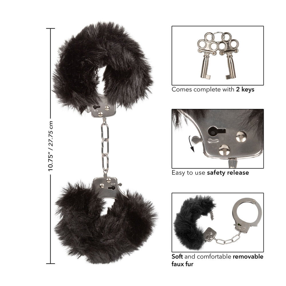 Ultra Fluffy Furry Cuffs Black - Faux Fur Metal Lockable 2 Keys Safety Release