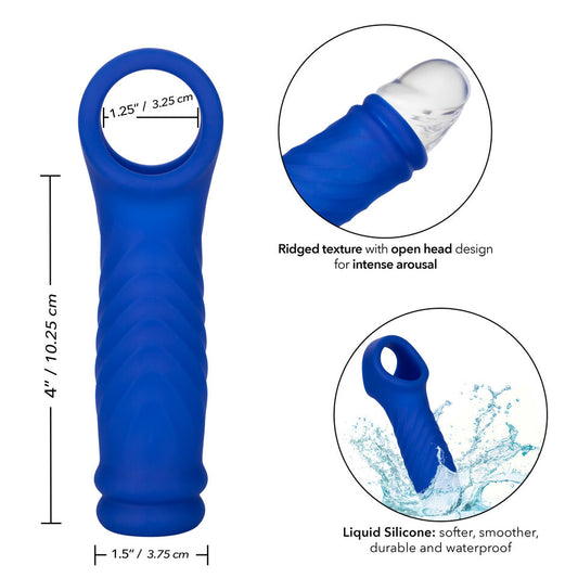 Admiral Wave Extension 4" Blue - Liquid Silicone Ribbed Texture Scrotum Strap Phthalate-Free