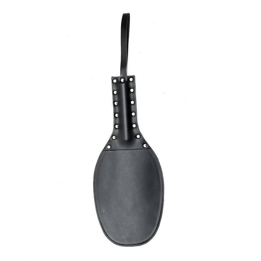 Round Oval Paddle 14" Black - Genuine Leather Punishment Rivet Handle Slave